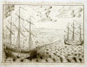 WHK 24 Deutscher Siebenjähriger Krieg 1756-1763: Abbildung der Einschiffung der hessischen Hilfstruppen nach England an der Elbe bei Stade, 30. April 1756