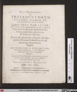 Rege Regum regente, De Testamentorum Origine, Causis Effectibus, Et Contrariis Quid Iure Tam Veteri Et Novo Iustinianeo Civili, Quam Canonico, Caesareo, Feudali, Saxonico ... in locis consuetudinario obtineat