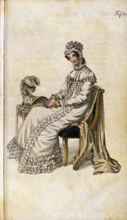 Biedermeier Mode aus: Journal für Literatur, Kunst, Luxus und Mode, Bd. 33, Jg. 1818 — Tafel 34: Sitzende Dame