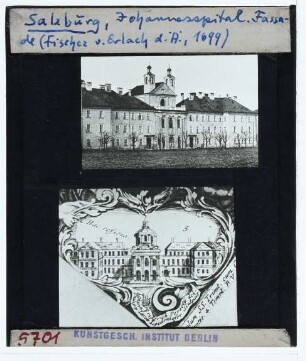 Salzburg, Johannsspitalkirche : Außenansicht, Ansicht, Druckgrafik