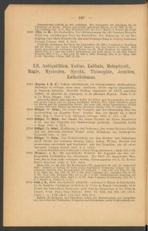 XII. Antiquitäten, Kultus, Kabbala, Metaphysik, Magie, Myterien, Mystik, Theosophie, Jesuiten, Katholicismus.