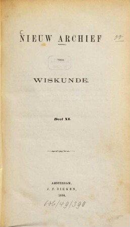 Nieuw archief voor wiskunde. 11. 1884