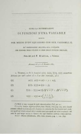 Sopra la determinazione di funzioni d´una variabile definite per mezzo d´un´ equazione con due variabili.