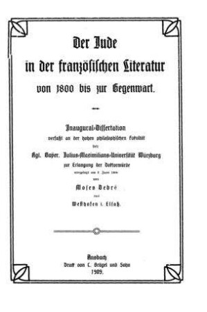 Der Jude in der französischen Literatur von 1800 bis zur Gegenwart / Moses Debré