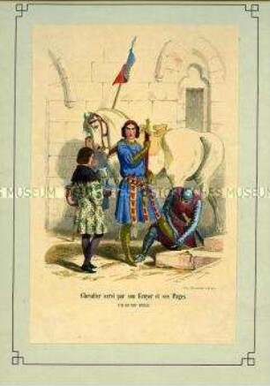 Uniformdarstellung, Ritter wird von seinem Edelknecht und seinen Pagen bedient, Frankreich, 1280/1300.