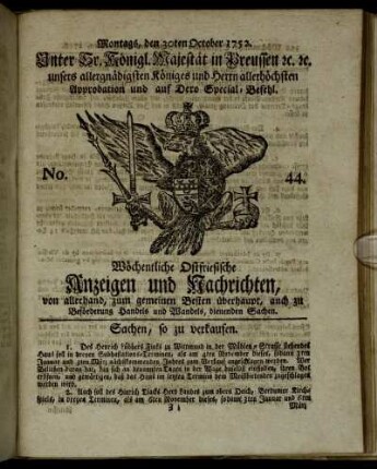No. 44. Montags, den 30ten October 1752.