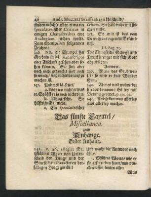 Das fünfte Capittel/ Miscellanea. zum Anhange.