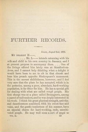 Further records : 1848 - 1883 ; a series of letters, forming a sequel to "Record of a girlhood" and "Records of later life", 2
