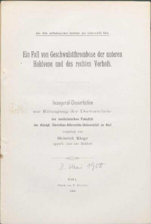 Ein Fall von Geschwulstthrombose der unteren Hohlvene und des rechten Vorhofs