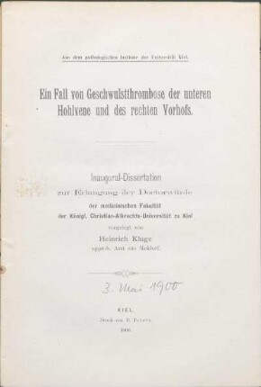 Ein Fall von Geschwulstthrombose der unteren Hohlvene und des rechten Vorhofs