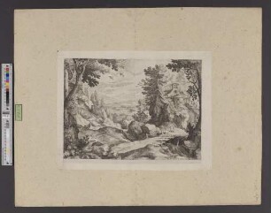 [Bewaldete Berglandschaft mit einer Brücke und einer Kapelle]