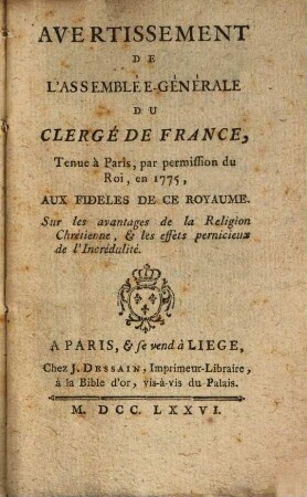 Avertissement de l'assemblée générale du Clergé de France, tenue à Paris 1775