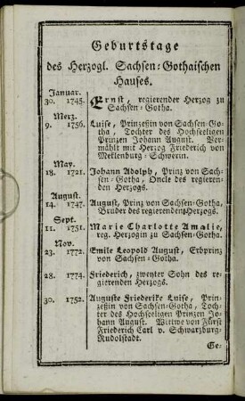 Geburtstage des Herzogl. Sachsen-Gothaischen Hauses.