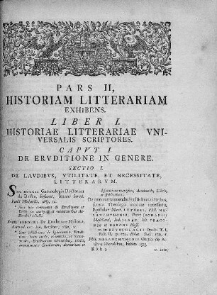 Pars II, Historiam litterariam exhibens. Liber I. Historiae litterariae universalis scriptores. Seite 443 mit Holzschnitt-Kopfleiste