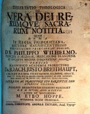Dissertatio Theologica De Vera Dei Rerumque Sacrarum Notitia