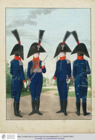 Abbildung Des Gros[s]herzoglich Hessischen Militair. [Tafel 2: Leib-Garde-Regiment; Vier Offiziere des Regiments]. S.l.e.a. [ca. 1813/14]
