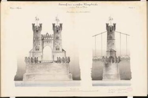 Hängebrücke über den Rhein zwischen Köln und Deutz Schinkelwettbewerb 1881: Pfeiler: Aufriss Vorderansicht, Seitenansicht 1:100; Maßstabsleiste