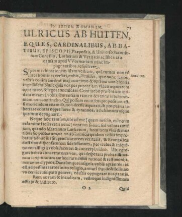 Ulricus Ab Hutten, Eques, Cardinalibus, Abbatibus ... Concilio ... resipiscere