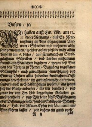 Copia Chur-Pfaltz Wiederantwort-Schreibens an Chur-Mäintz, wegen deß jüngsten Verlauffs zu Neuen-Baimberg, sub dato den 21. Julii, Anno 1668