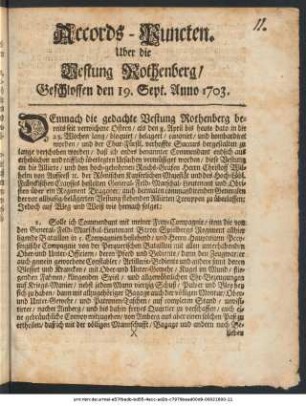 Accords-Puncten Uber die Vestung Rothenberg, Geschlossen den 19. Sept. 1703
