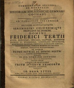 Commentatio secunda de nonnullis quae ab historiam bibliothecae Gymnasii Gothani pertinent