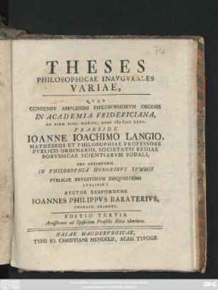 Theses Philosophicae Inavgvrales Variae