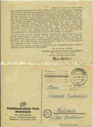 Postkarte der Kriegsgefangenenhilfe der SPD