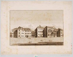 Das Entbindungsinstitut (links) und das Kurländer Palais (rechts) am Zeughausplatz (heute Tzschirnerplatz) in Dresden von Westen
