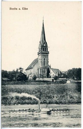 Boritz. Kirche - Elbe mit Dampfer Kaiser Franz Josef
