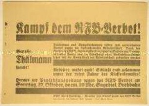 Programmatischer Aufruf der KPD Groß-Hamburg zur Protestkundgebung am 27. Oktober mit Rede Ernst Thälmanns gegen das Verbot des Roten Frontkämpferbundes