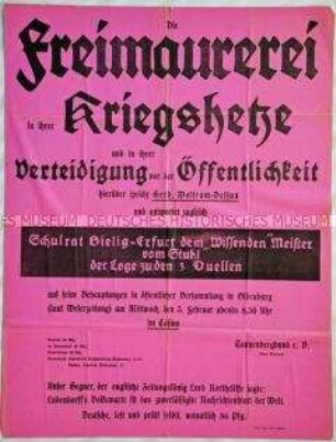 Veranstaltungsplakat des Tannenbergbundes e. V., Gau Bremen, zu einem Vortrag über Freimaurer und Kriegshetze
