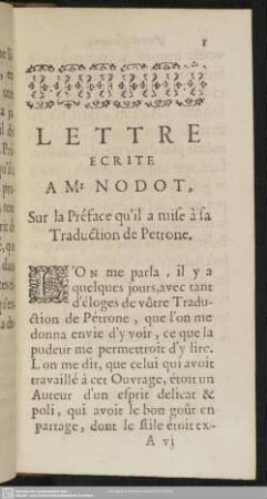 Lettre Ecrite A Mr Nodot, Sur la Preface qu'il a mise a sa Traduction de Petrone