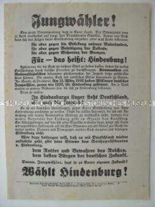 Aufruf an die Jungwähler zur Wahl Hindenburgs bei der Reichspräsidentenwahl 1932