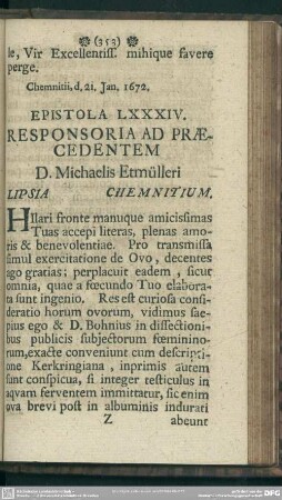 Epistola LXXXIV. Responsoria Ad Praecedentem. D. Michaelis Etmülleri Lipsia Chemnitium