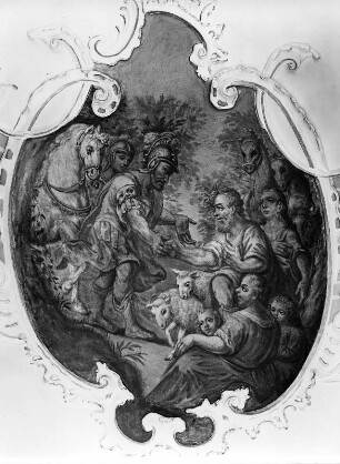 Jakob und Rahel : Jakob und Rahel. Fresko (1775). Sankt Gallenkirch, Pfarrkirche Sankt Gallus, Langhausgewölbe