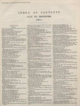 INDEX OF CONTENTS JULY TO DECEMBER 1875.