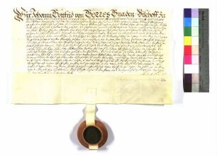 Bischof Johann Gottfried von Würzburg verleiht an Georg Friedrich, Graf von Hohenlohe Kälberbach; Siegel des Bischofs; Pergament.