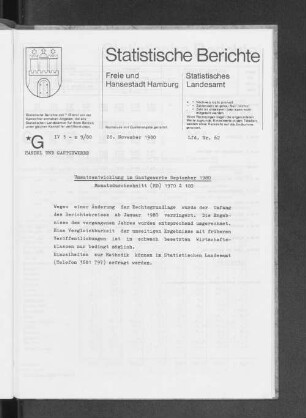 Umsatzentwicklung im Gastgewerbe September 1980 : Lfd. Nr. 62