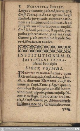 Institutionum D. Justiniani Sacratissimi Principis Liber Primus