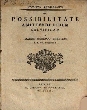 Specimen theol. de possibilitate amittendi fidem salvificam
