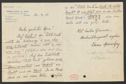 Brief an B. Schott's Söhne : 16.09.1911