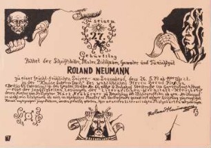 Plakat zur Soiree des Künstlers Roland Neumann, anlässlich seines 27. Geburtstages, 1973