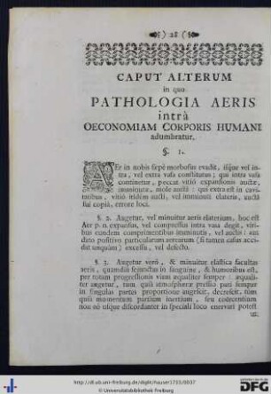 Caput Alterum in quo Pathologia Aeris intrà Oeconomiam Corporis Humani adumbratur.