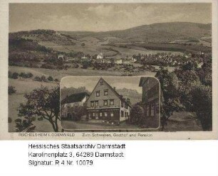 Reichelsheim im Odenwald, Panorama / unten in Medaillon: Ansicht von Gasthaus und Pension 'Zum Schwanen' (Inhaber J. Treusch)