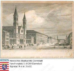 München, Ludwigsstraße mit Ludwigskirche und Bibliothek