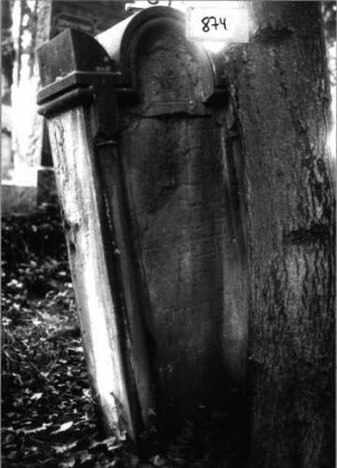 Grabstein 874 (Index: 99802485) Material: Sandstein Zustand: nur einzelne heb. Buchstaben lesbar Maße HxBxT: 149x63x20 cm Beschreibung: Stele mit verdachtem eingezogenem Rundbogen, Seitenakroterien, zwei Halbsäulen: Grabstein 874