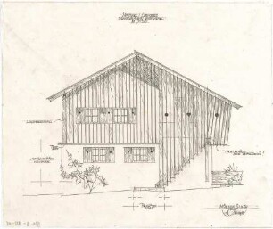 Gsaenger, Gustav; Lenggries (Bayern); Ländliche Kaffeepension mit Hühnerhaus, Frau Messmer - Pensionsanbau, Westgiebel (Ansicht)