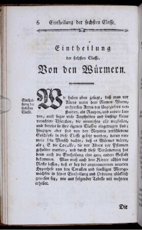 Eintheilung der sechsten Classe. Von den Würmern.