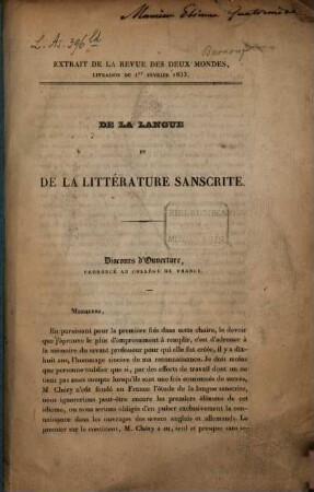 De la langue et de la littérature sanscrite : Discours d'ouverture prononcé au collège de France