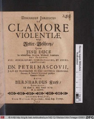 Discursus Iuridicus De Clamore Violentiae, vulgo Zetter-Geschrey